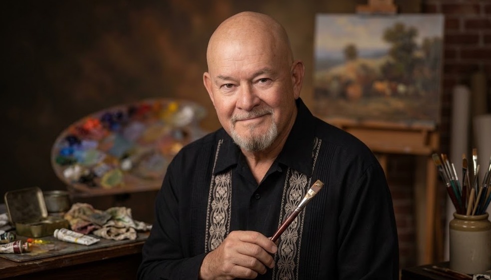 Mike Murphy in his studio with a paintbrush